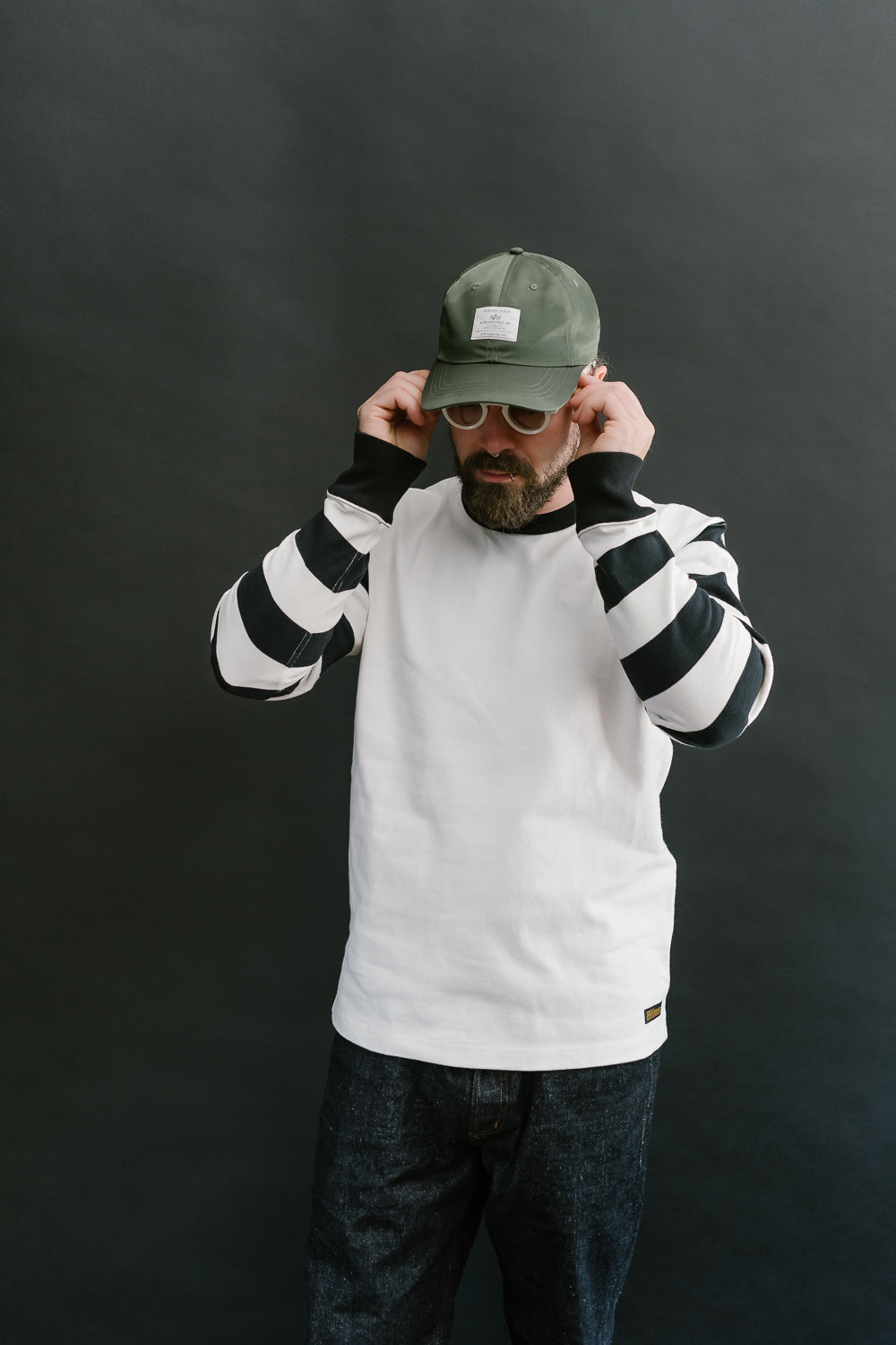 IHTB-12-WHT - 11oz Cotton Knit Long-Sleeved Sweater - White Body, Black Stripes