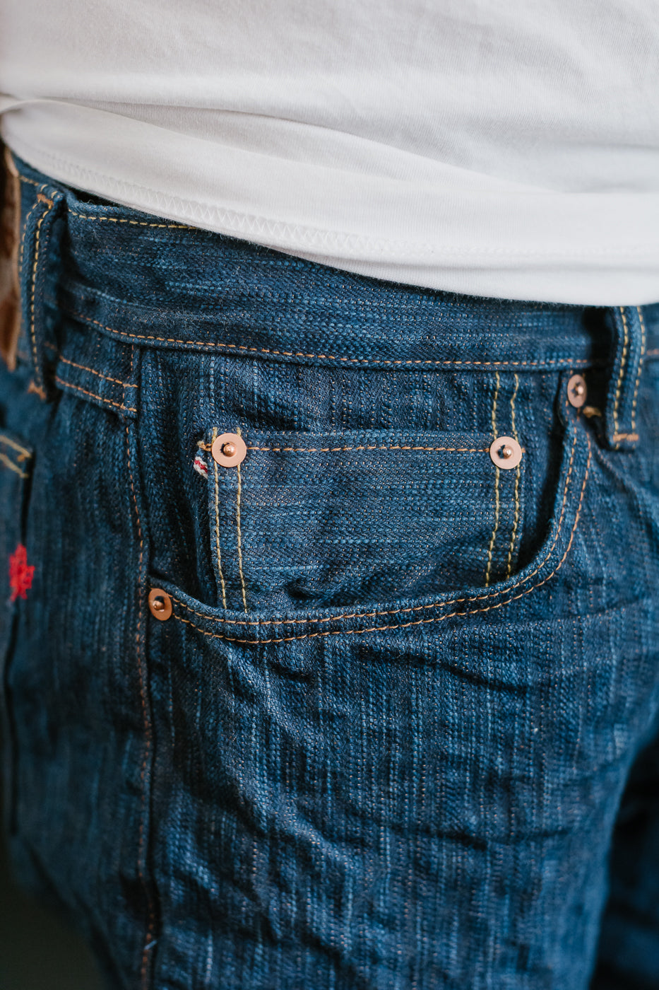 14oz - MIJ15 Intangible Cultural Treasure Hand Dyed Natural Indigo x Kakishibu Slub Selvedge Selvedge - True Guy