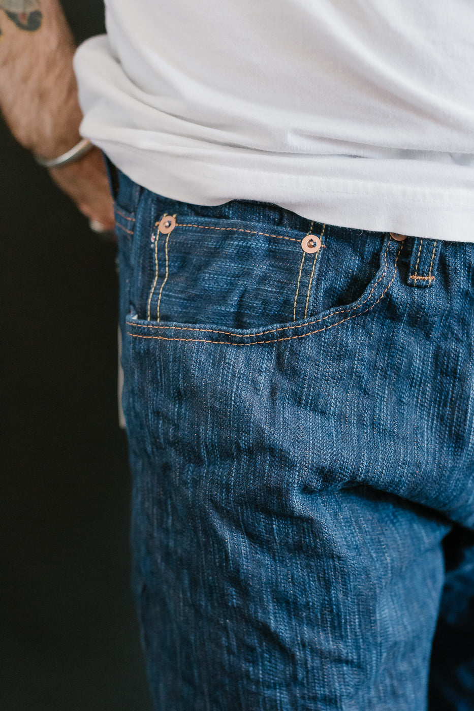 14oz - MIJ15 Intangible Cultural Treasure Hand Dyed Natural Indigo x Kakishibu Slub Selvedge Selvedge - Weird Guy