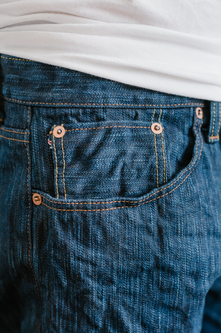 14oz - MIJ15 Intangible Cultural Treasure Hand Dyed Natural Indigo x Kakishibu Slub Selvedge Selvedge - Weird Guy