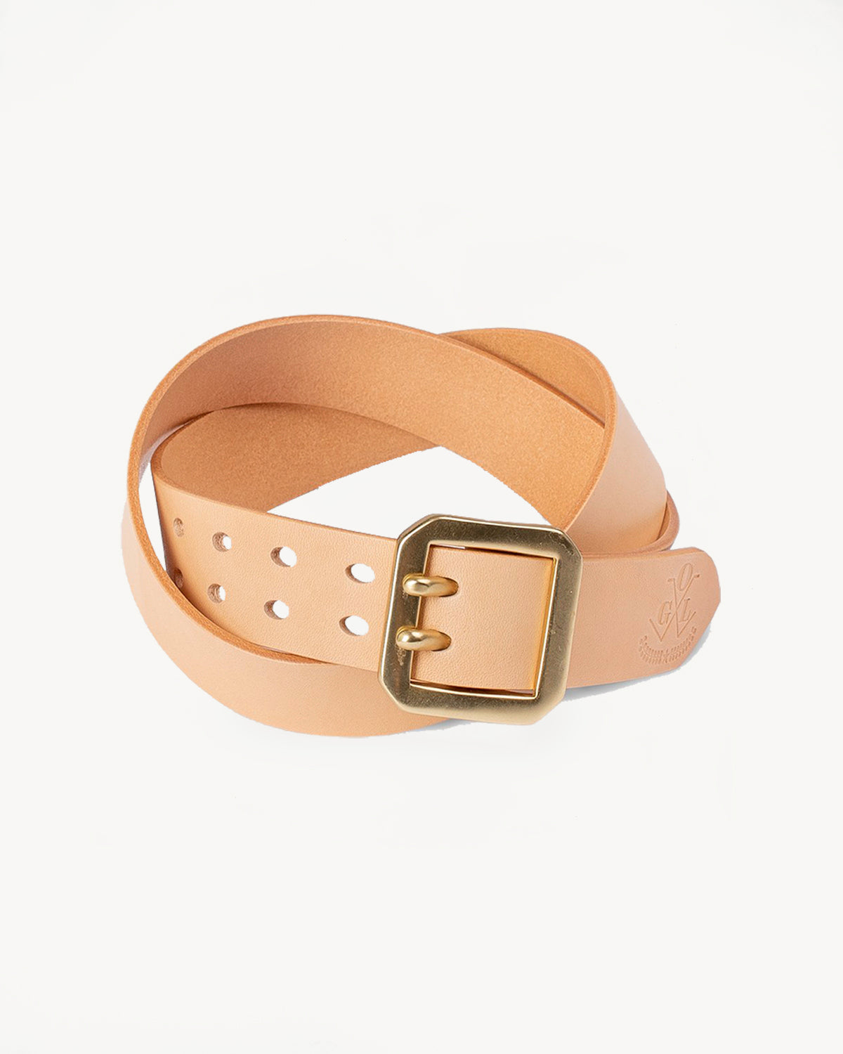 Double Prong Brass Garrison Buckle Leather Belt - Natural
