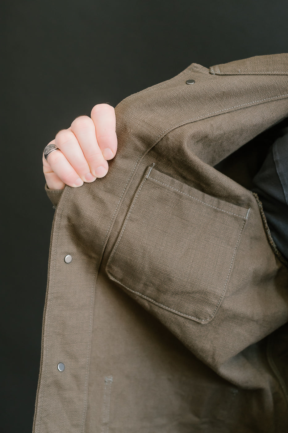 03100-HOX-OLG - 13.5oz Sulphur Dyed Olive Oxford Cloth - Coverall Jacket