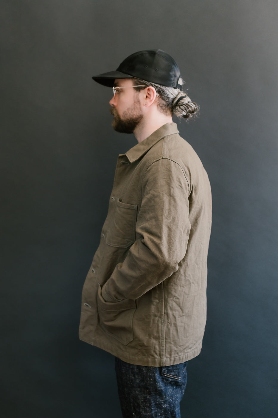 03100-HOX-OLG - 13.5oz Sulphur Dyed Olive Oxford Cloth - Coverall Jacket