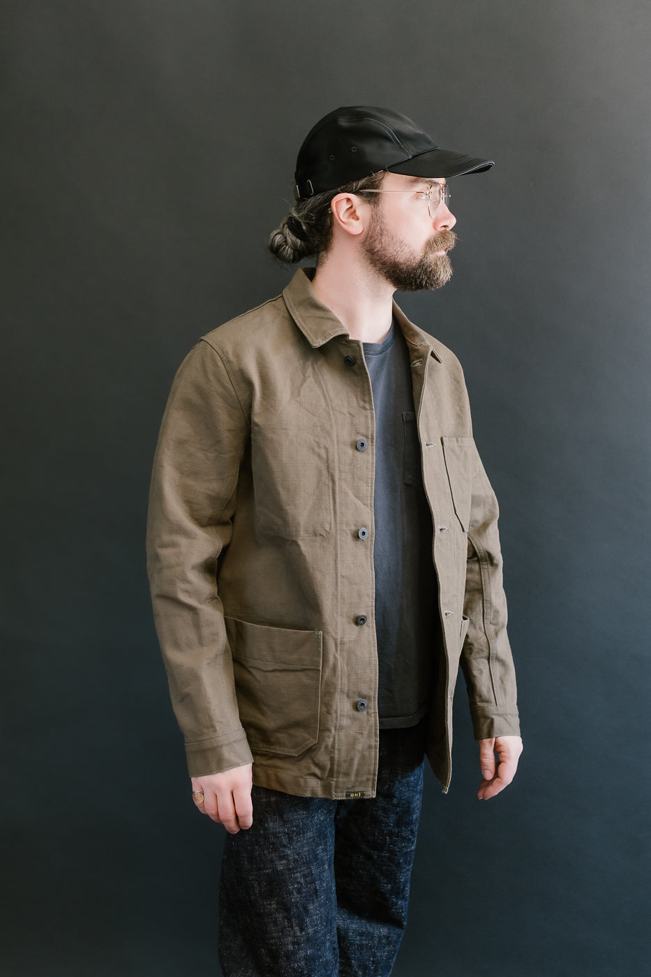 03100-HOX-OLG - 13.5oz Sulphur Dyed Olive Oxford Cloth - Coverall Jacket