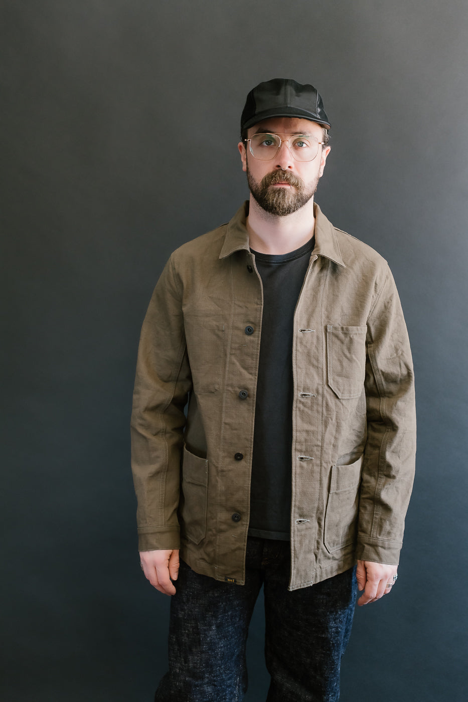 03100-HOX-OLG - 13.5oz Sulphur Dyed Olive Oxford Cloth - Coverall Jacket