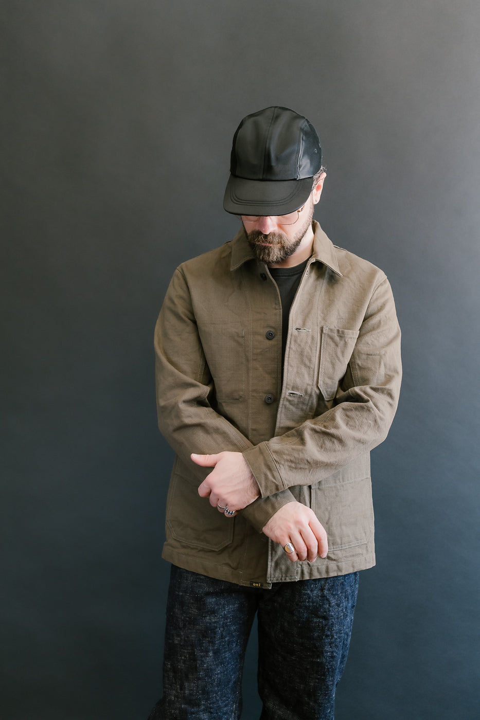 03100-HOX-OLG - 13.5oz Sulphur Dyed Olive Oxford Cloth - Coverall Jacket