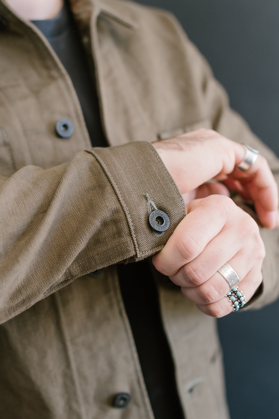 03100-HOX-OLG - 13.5oz Sulphur Dyed Olive Oxford Cloth - Coverall Jacket
