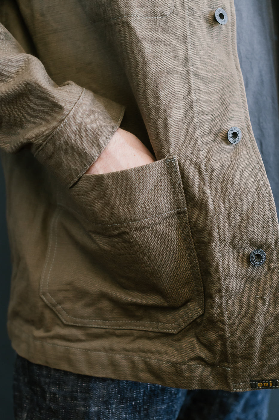 03100-HOX-OLG - 13.5oz Sulphur Dyed Olive Oxford Cloth - Coverall Jacket