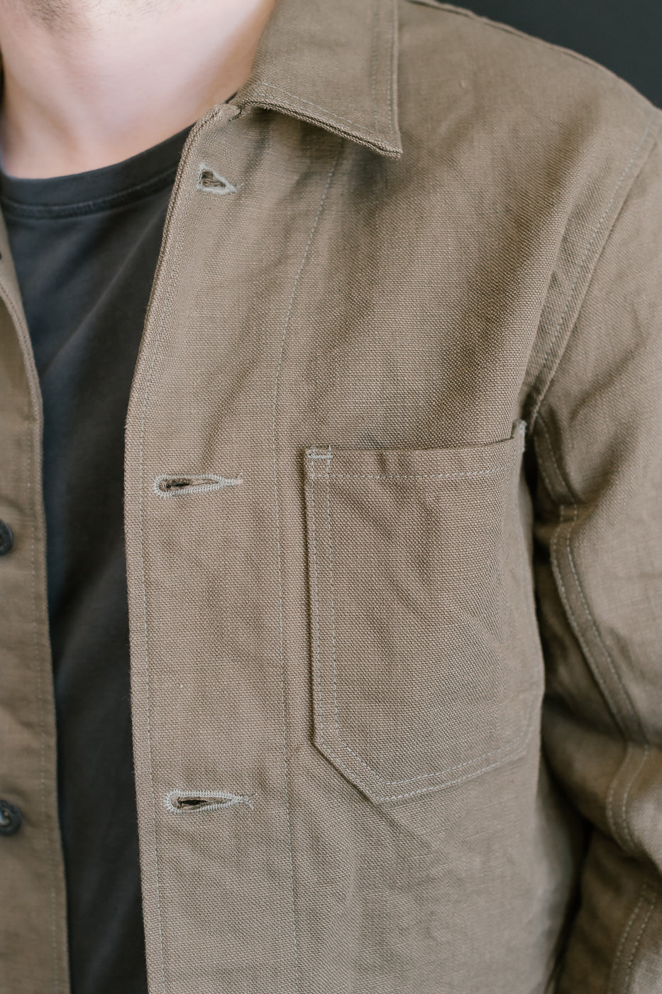 03100-HOX-OLG - 13.5oz Sulphur Dyed Olive Oxford Cloth - Coverall Jacket