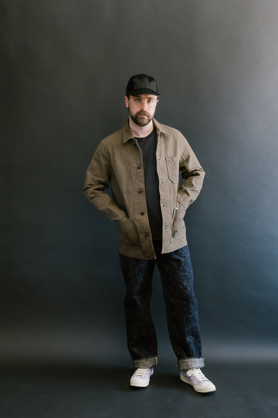 03100-HOX-OLG - 13.5oz Sulphur Dyed Olive Oxford Cloth - Coverall Jacket