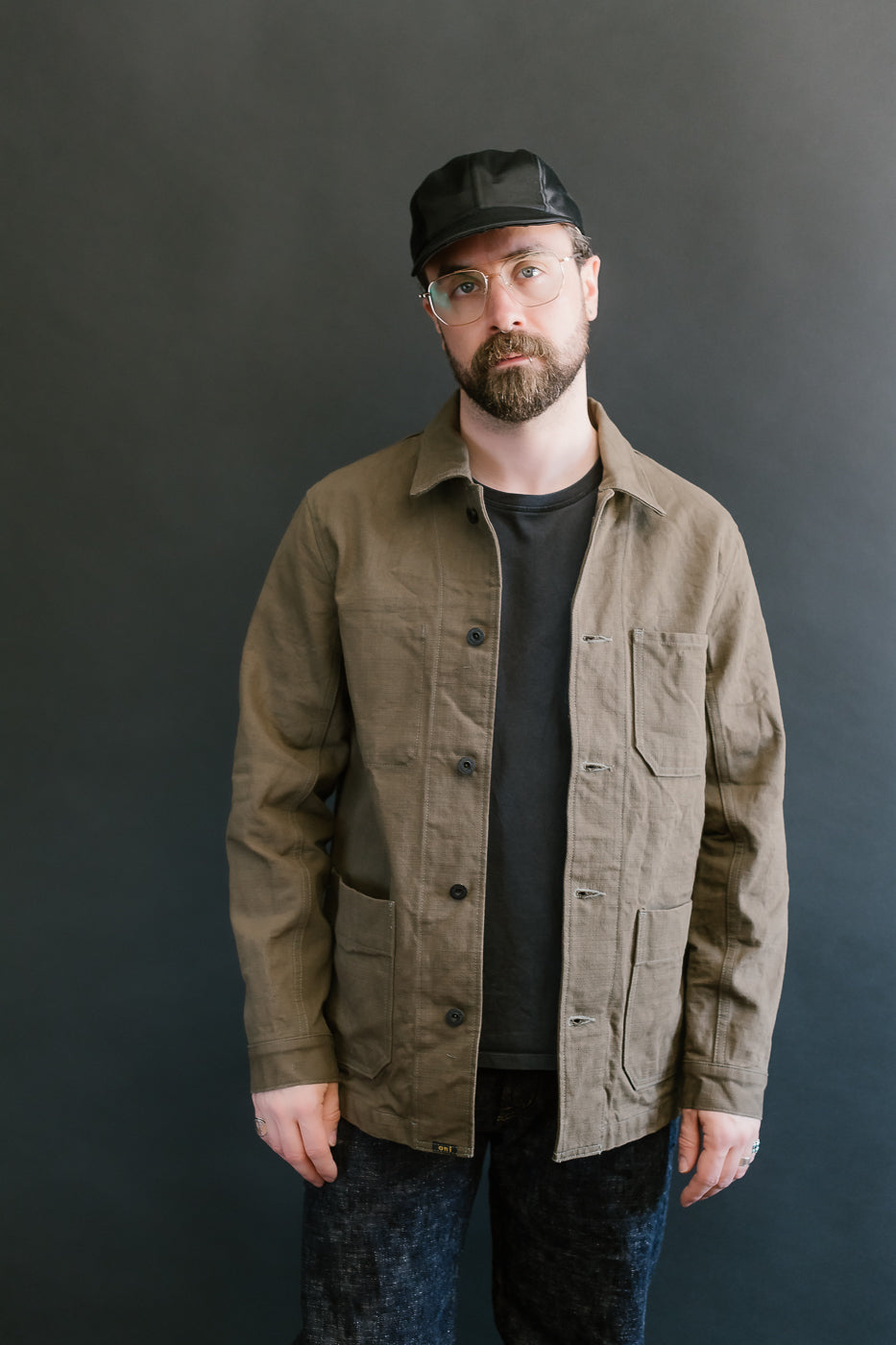 03100-HOX-OLG - 13.5oz Sulphur Dyed Olive Oxford Cloth - Coverall Jacket
