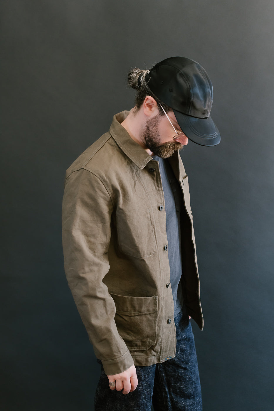 03100-HOX-OLG - 13.5oz Sulphur Dyed Olive Oxford Cloth - Coverall Jacket