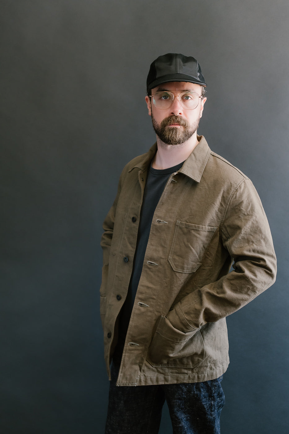 03100-HOX-OLG - 13.5oz Sulphur Dyed Olive Oxford Cloth - Coverall Jacket