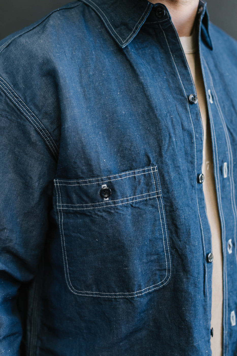 01-8068-81 - Supima 100/2 Linen Dungaree Work Shirt - Indigo