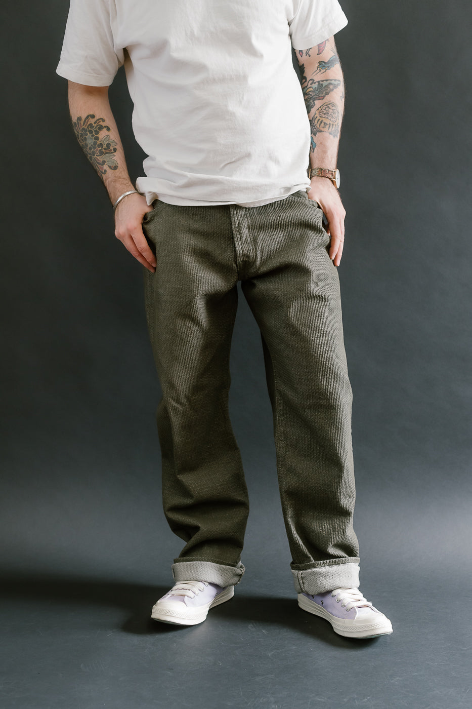 1170-1-OLV - Sashiko Denim Loose Fit - Olive x Olive
