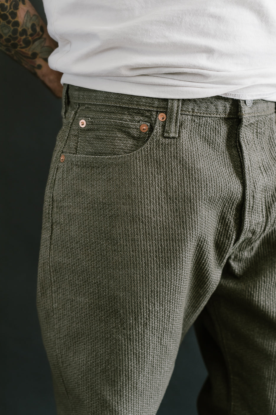 1170-1-OLV - Sashiko Denim Loose Fit - Olive x Olive