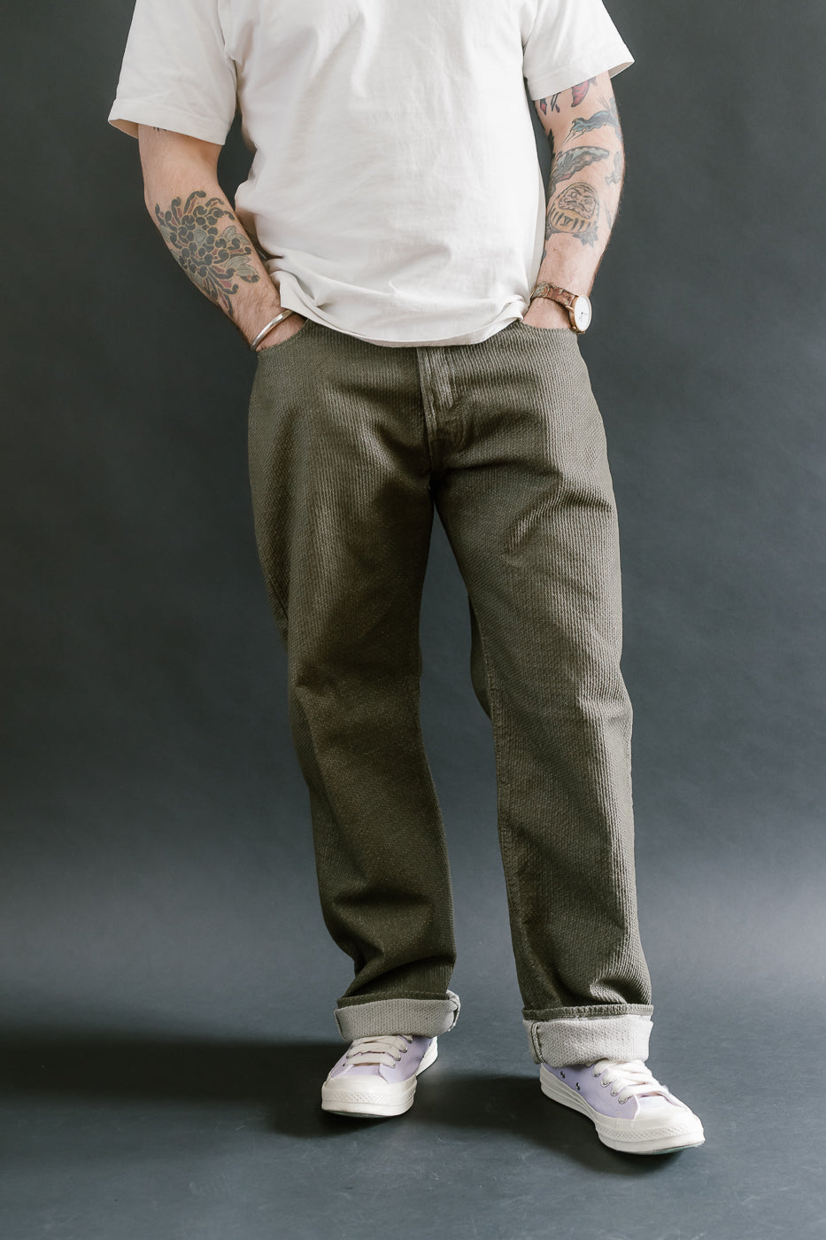 1170-1-OLV - Sashiko Denim Loose Fit - Olive x Olive