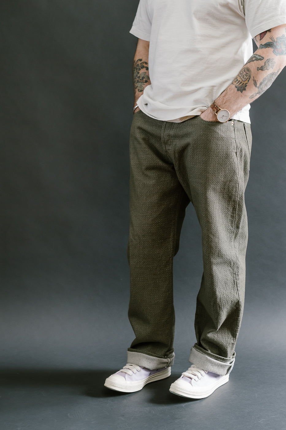 1170-1-OLV - Sashiko Denim Loose Fit - Olive x Olive