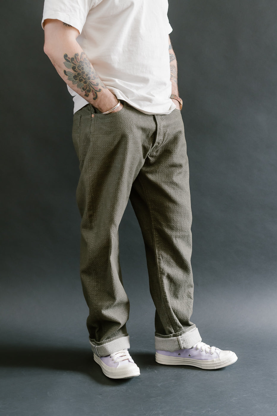 1170-1-OLV - Sashiko Denim Loose Fit - Olive x Olive