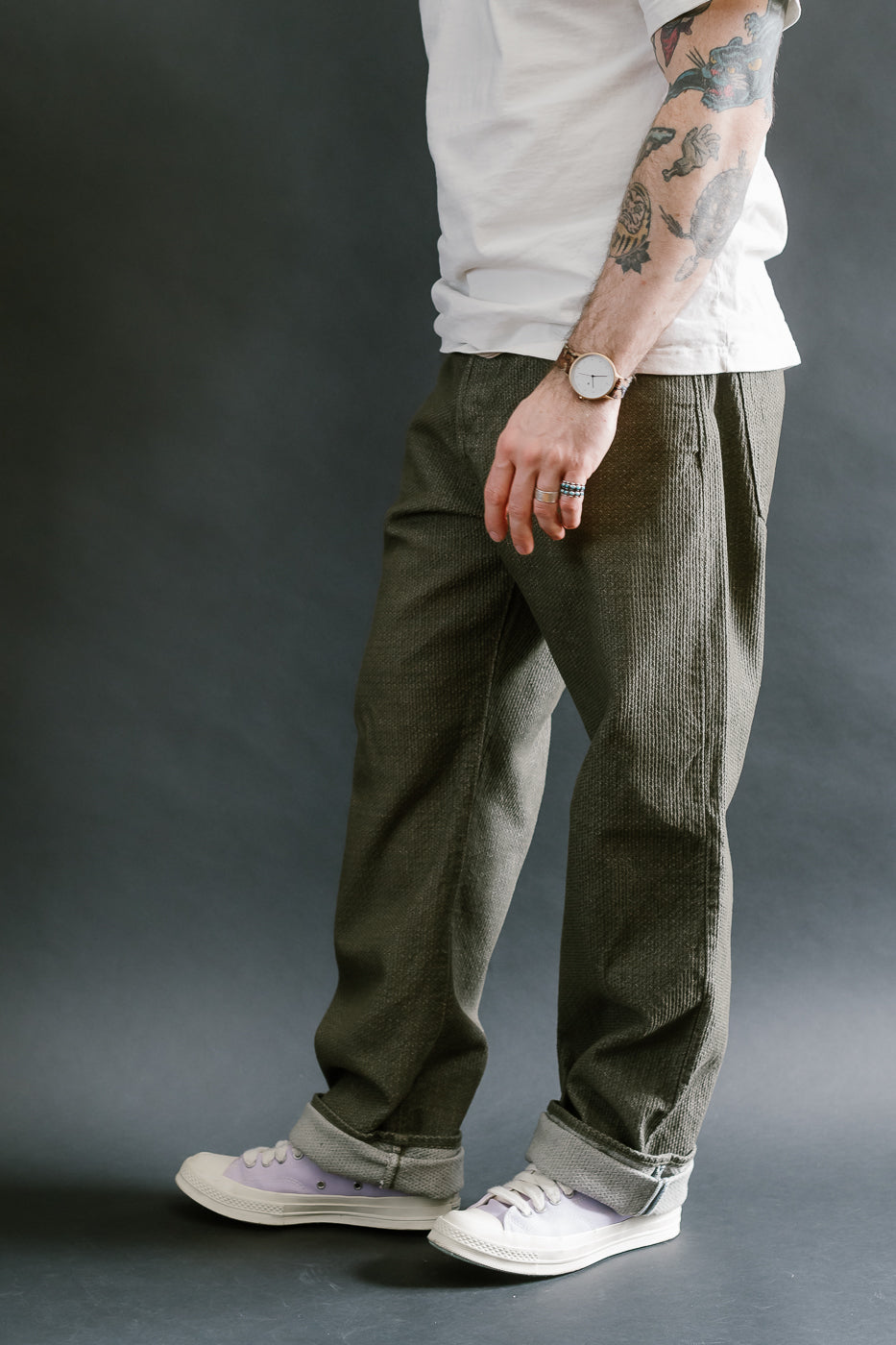 1170-1-OLV - Sashiko Denim Loose Fit - Olive x Olive