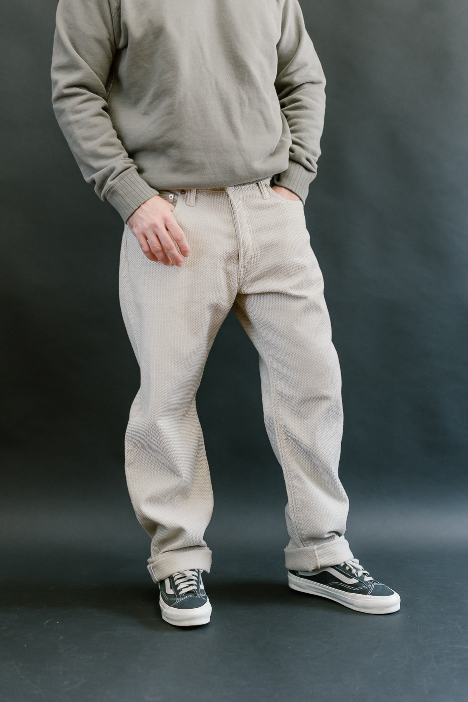 1178-IV - Sashiko Denim Regular Fit - Ivory x Beige
