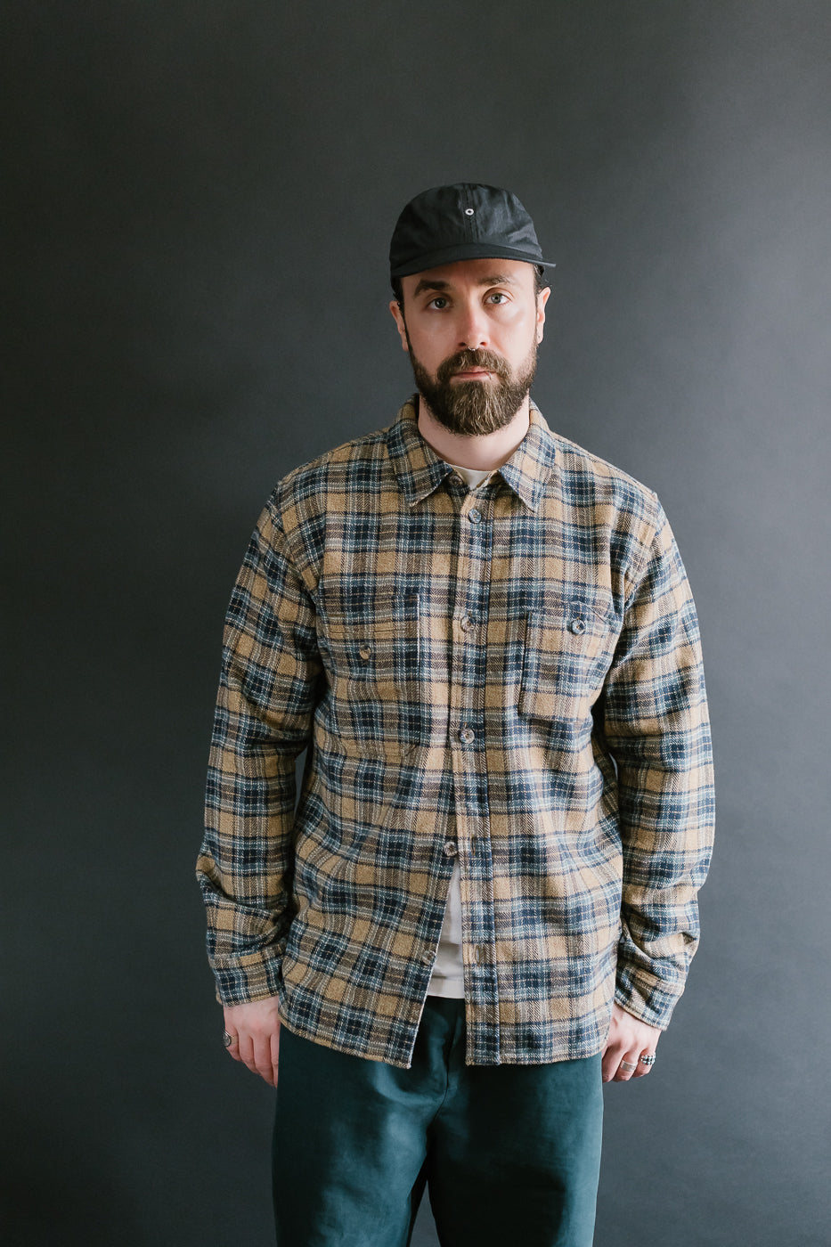 2229-BE - Woven Tweed Check Double Pocket Shirt - Beige