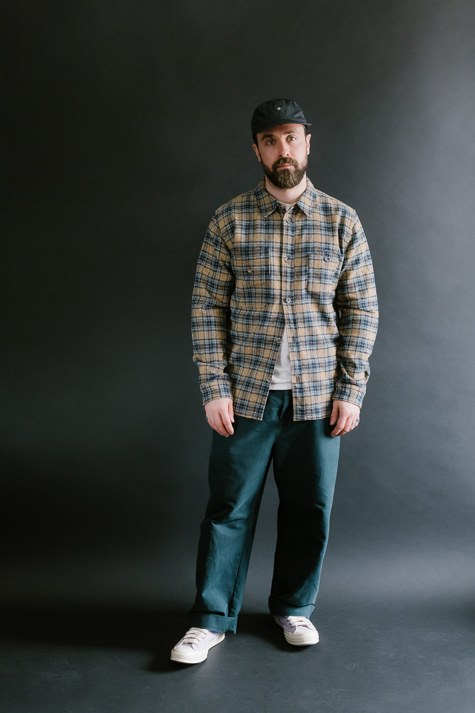2229-BE - Woven Tweed Check Double Pocket Shirt - Beige
