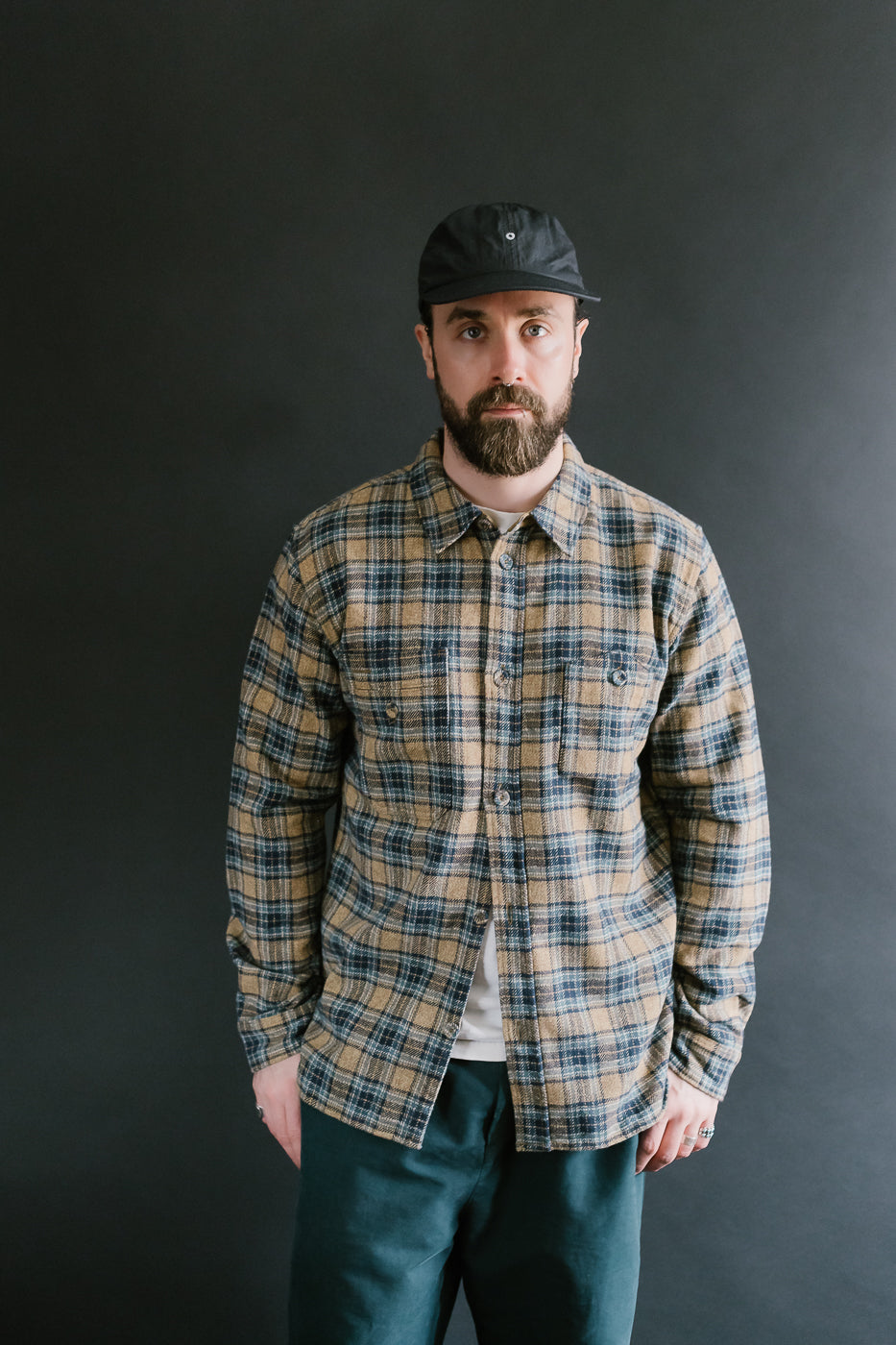 2229-BE - Woven Tweed Check Double Pocket Shirt - Beige