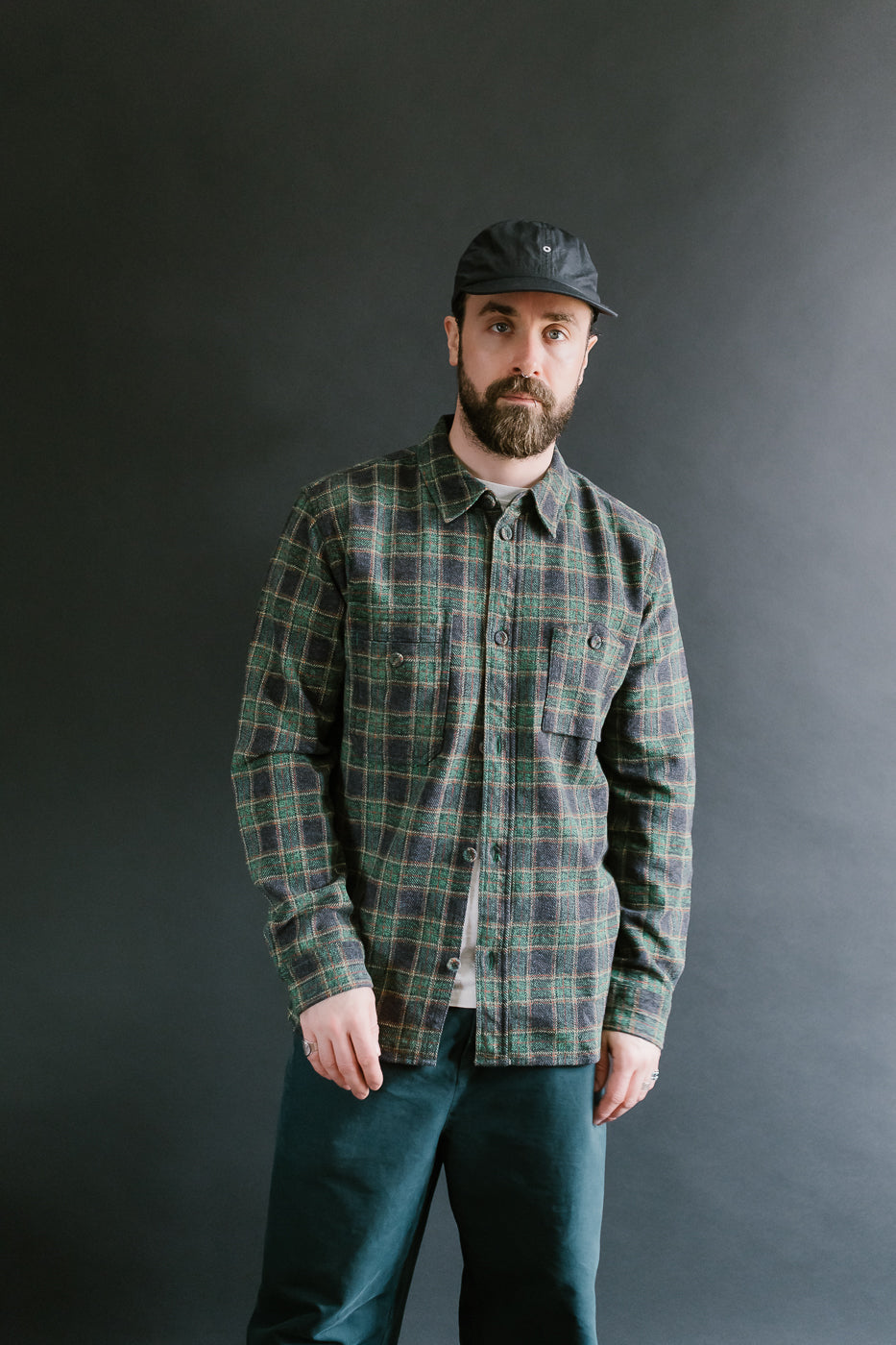 2229-GR - Woven Tweed Check Double Pocket Shirt - Green