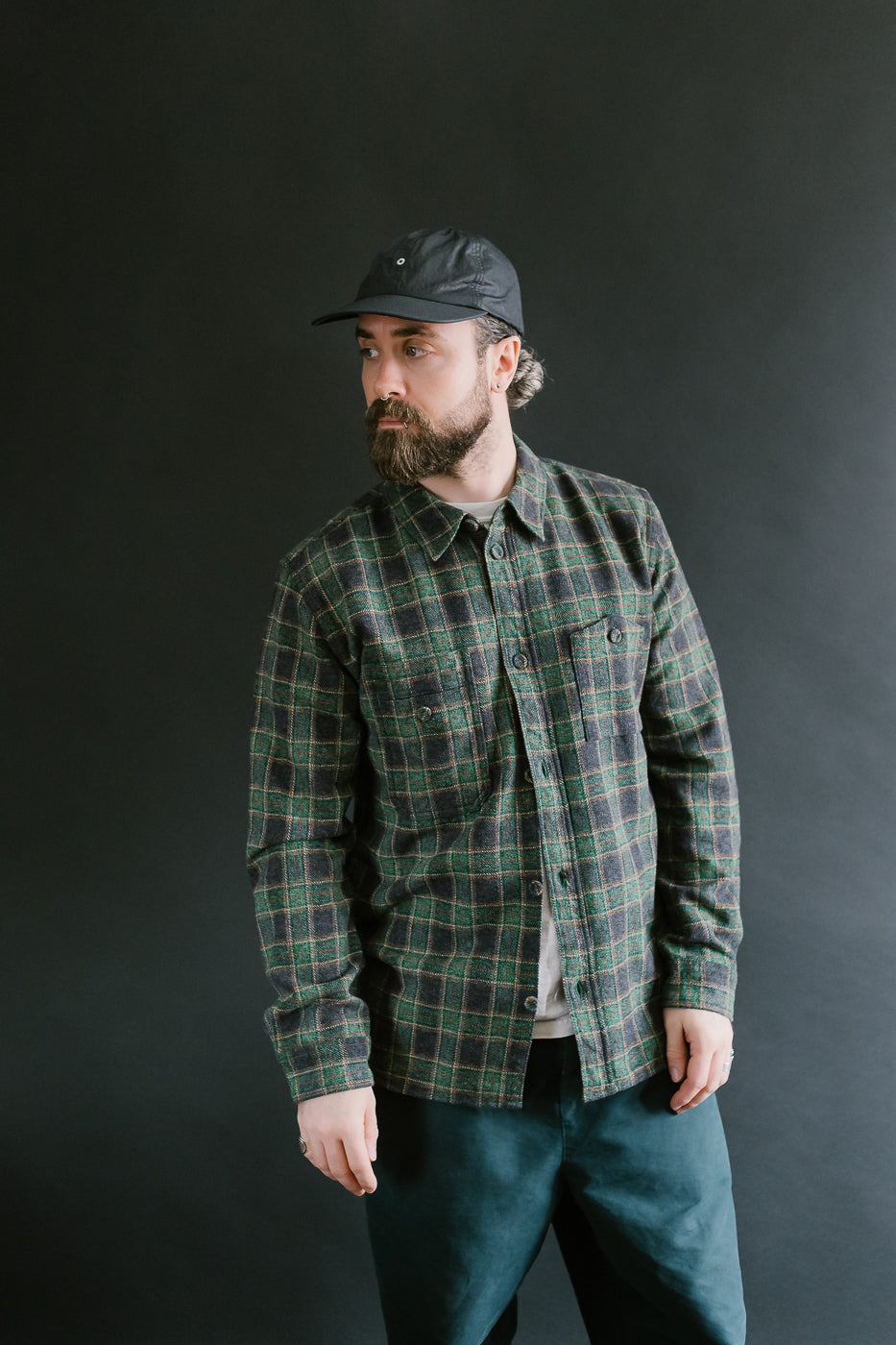 2229-GR - Woven Tweed Check Double Pocket Shirt - Green