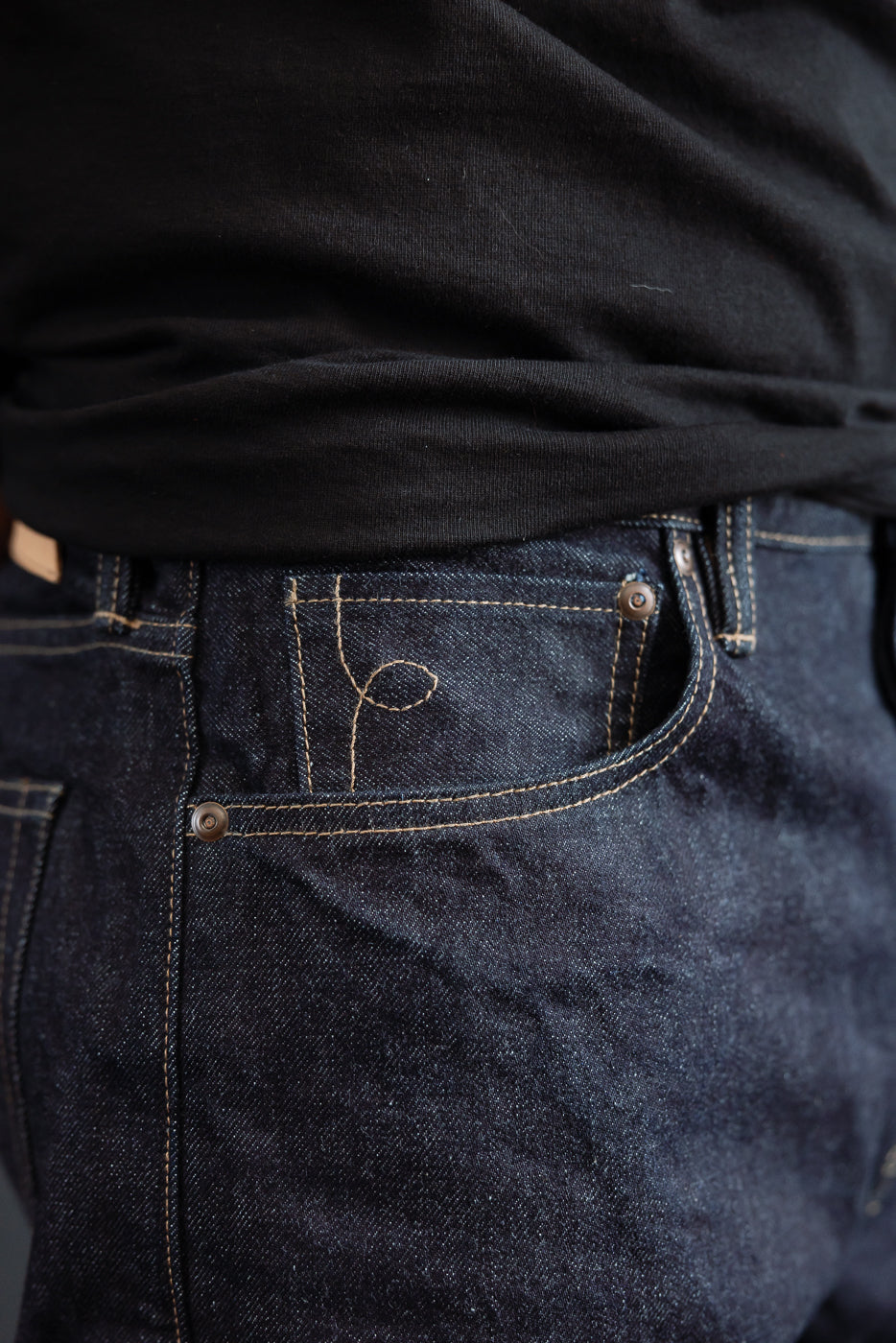 close up of RGT 15oz rinsed selvedge, coin pocket, lasso stich detail
