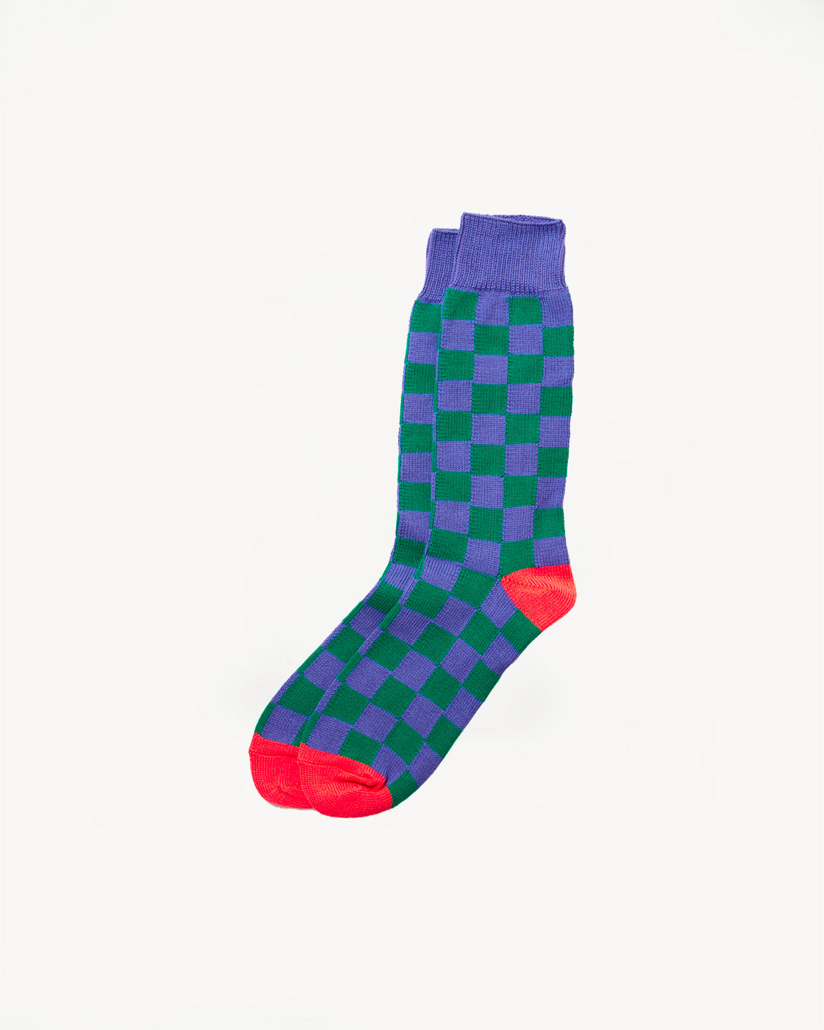 R1495 - Checkerboard Crew Socks - Purple, Green, Terracotta