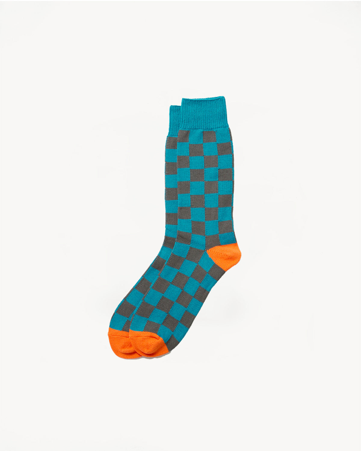 R1495 - Checkerboard Crew Socks - Light Blue, Dark Gray, Light Orange
