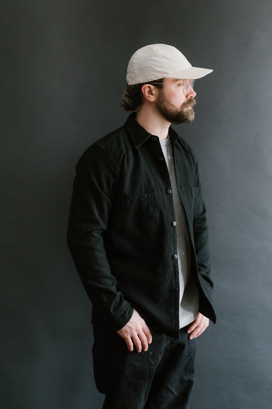 SSN24-01W - Overdyed Sashiko Flannel Work Shirt - Black