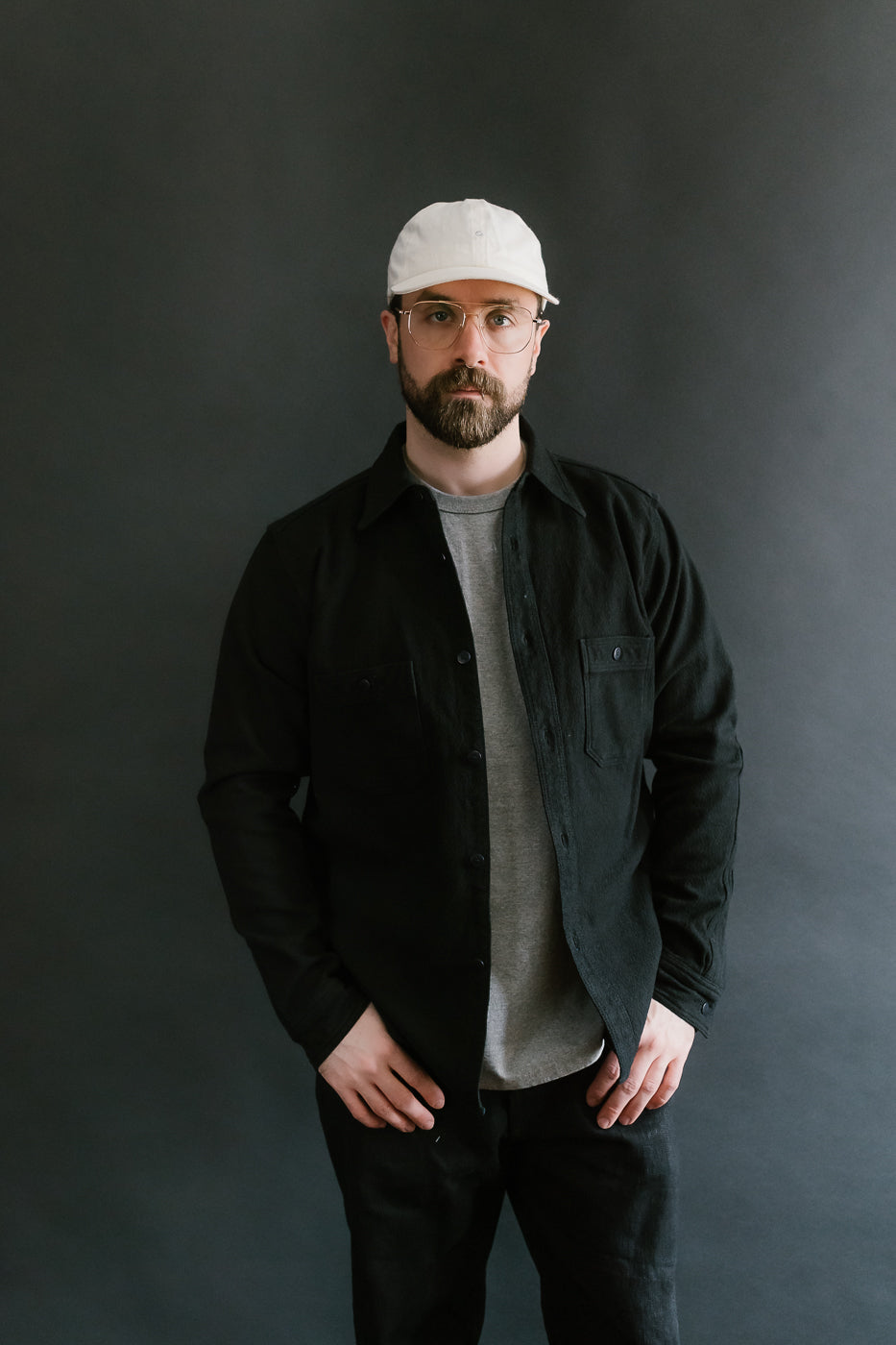 SSN24-01W - Overdyed Sashiko Flannel Work Shirt - Black