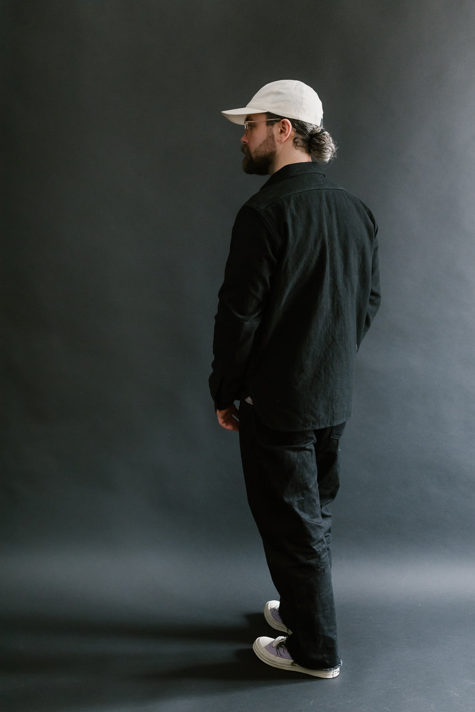 SSN24-01W - Overdyed Sashiko Flannel Work Shirt - Black