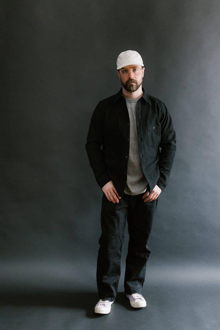 SSN24-01W - Overdyed Sashiko Flannel Work Shirt - Black