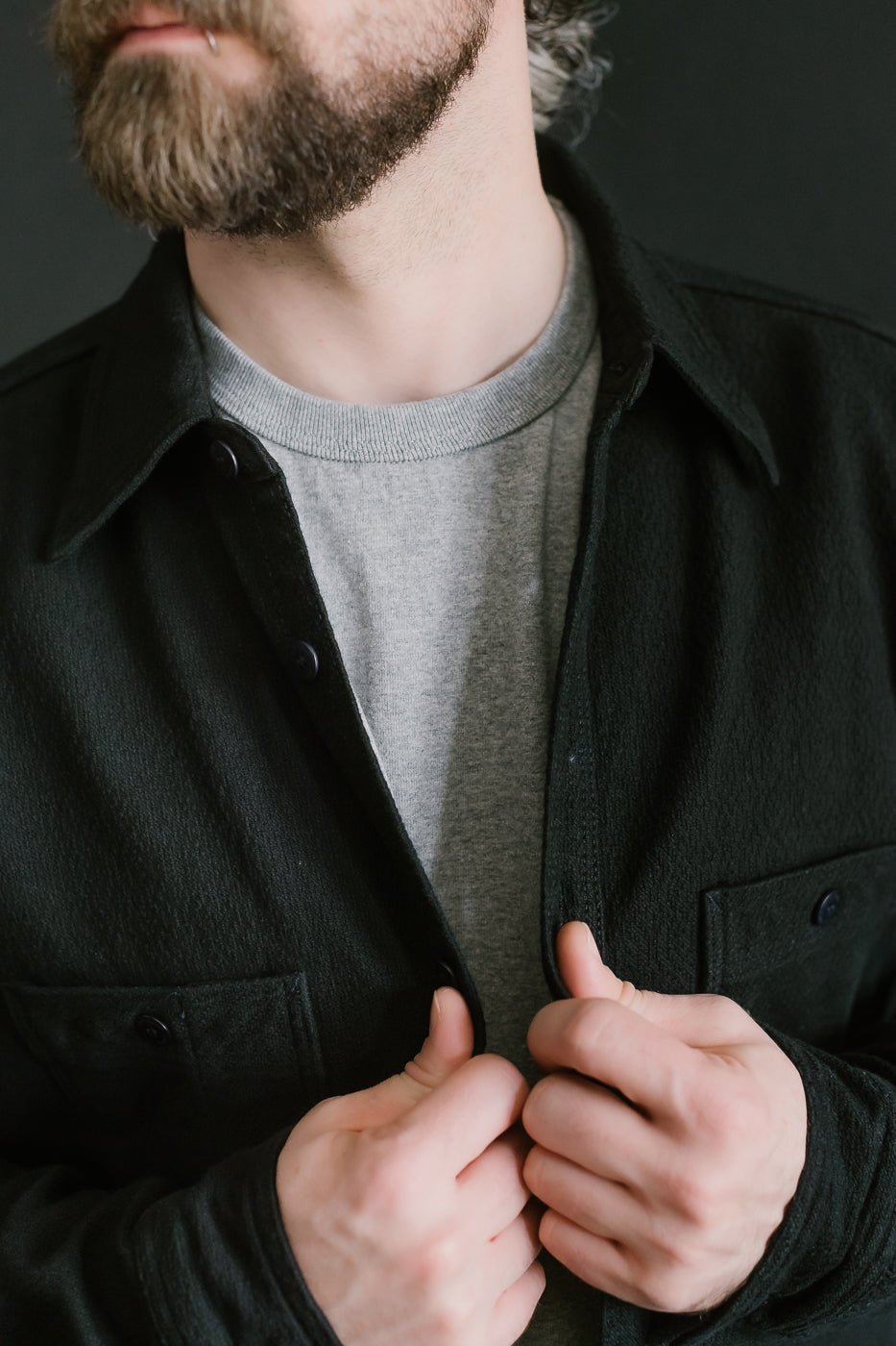 SSN24-01W - Overdyed Sashiko Flannel Work Shirt - Black