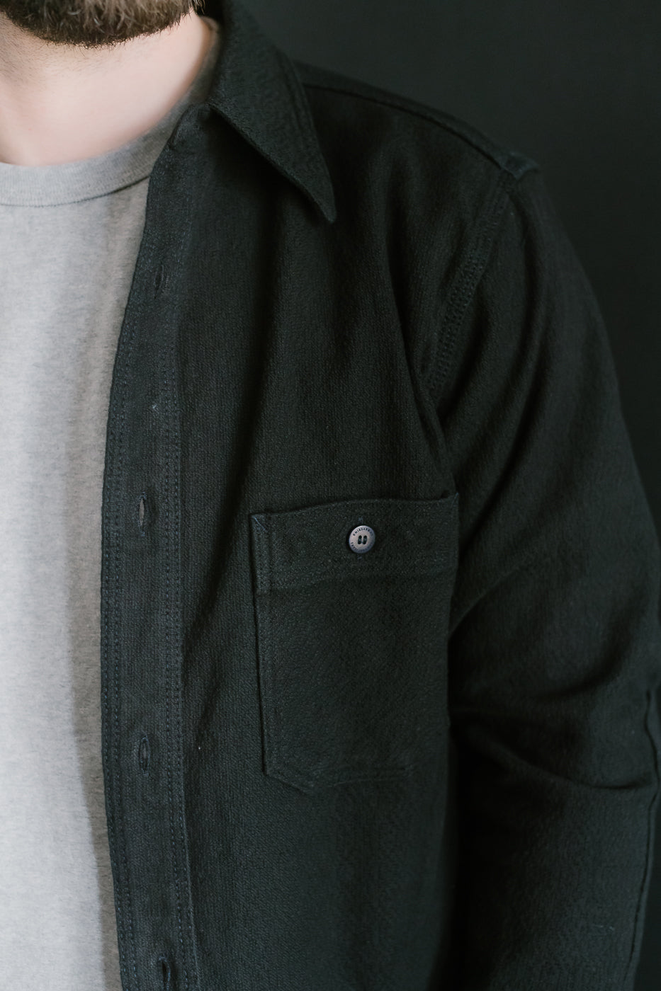 SSN24-01W - Overdyed Sashiko Flannel Work Shirt - Black