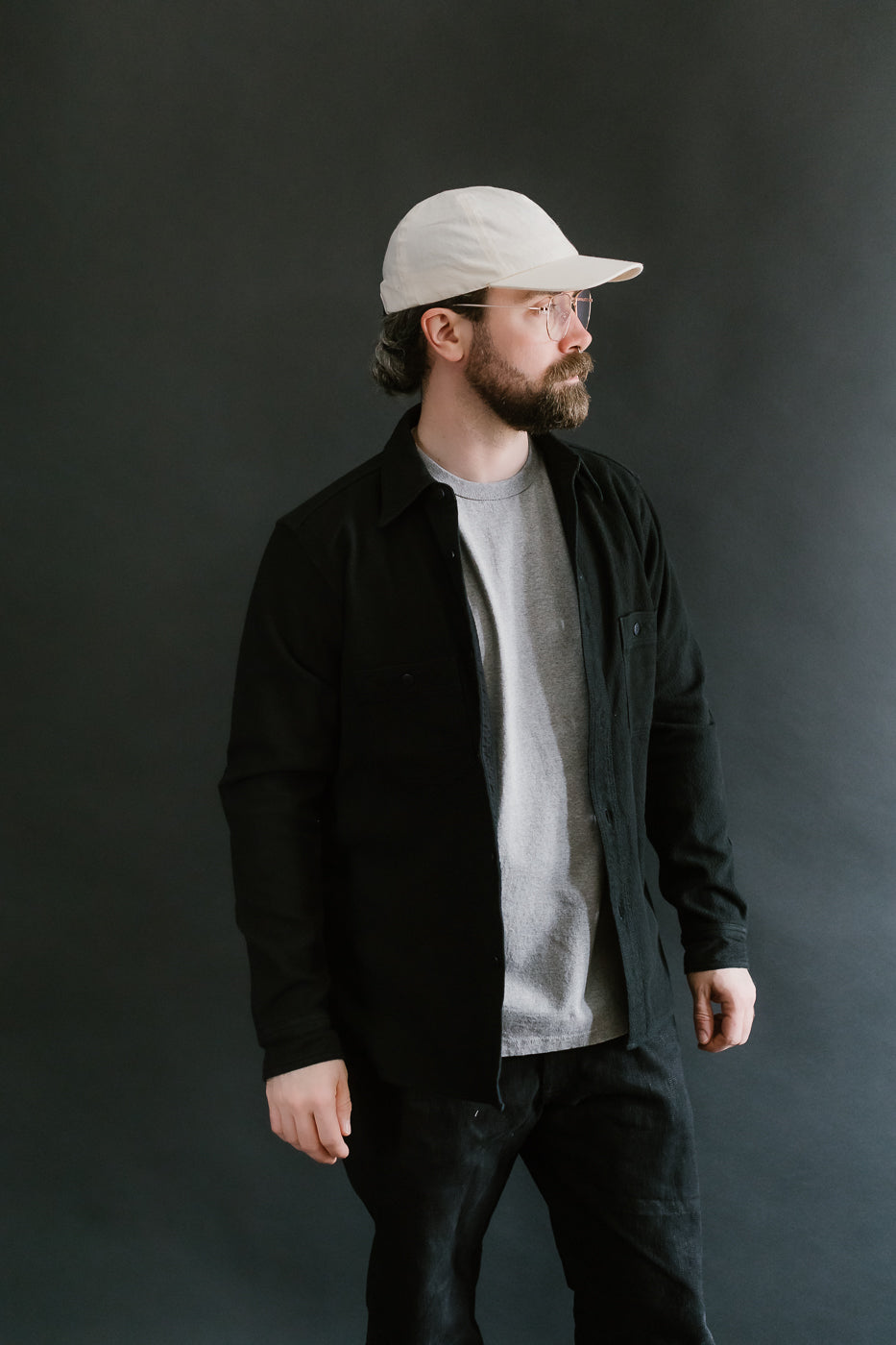 SSN24-01W - Overdyed Sashiko Flannel Work Shirt - Black