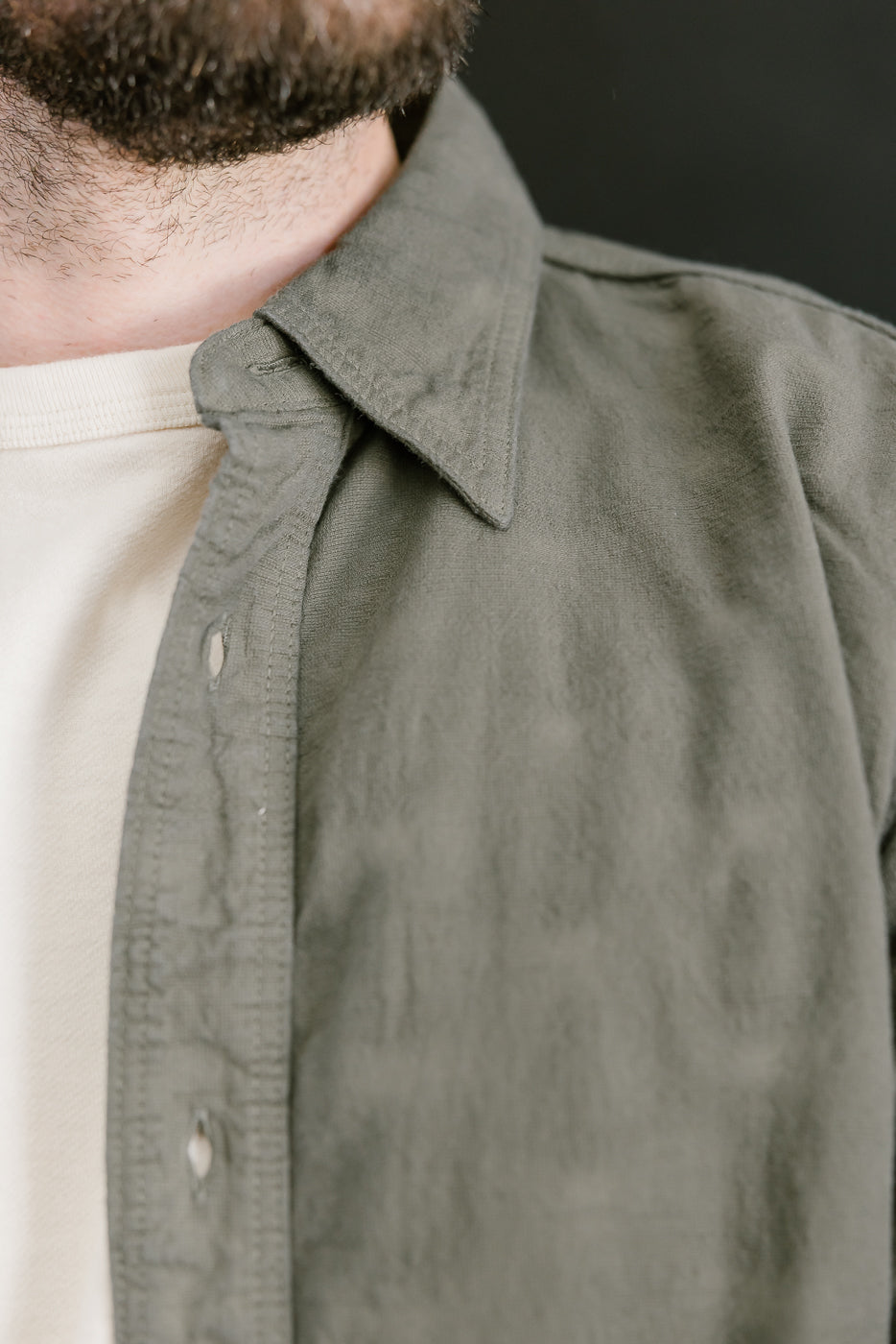 Close-up of a person wearing the Samurai Tropical Weather Dobby Shirt in olive green, showcasing its textured Japanese Panama-weave fabric and relaxed Westerner cut.