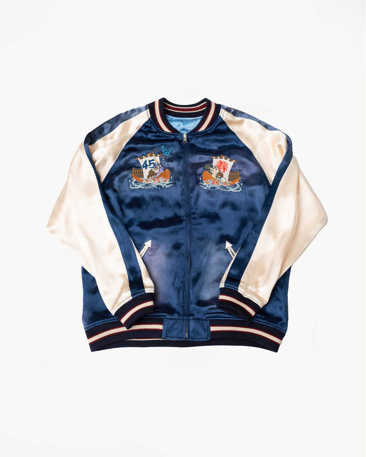 SP090-U - 45th Satin Sukajan Souvenir Jacket Used Wash - Navy x Blue