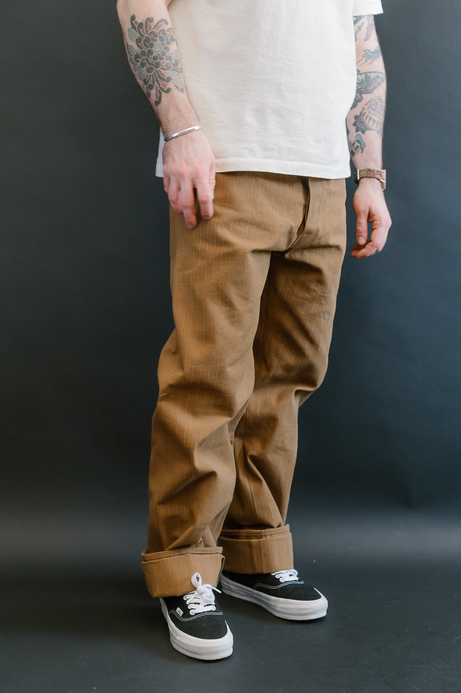 Lot 1228 - 1874 Greenebaum Heavy Leather Bound Overall Trousers - Duck Stripe