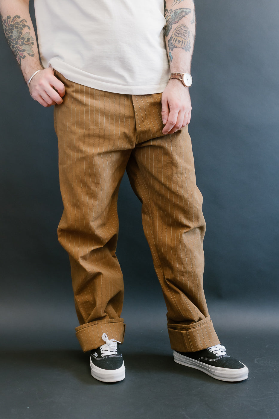 Lot 1228 - 1874 Greenebaum Heavy Leather Bound Overall Trousers - Duck Stripe