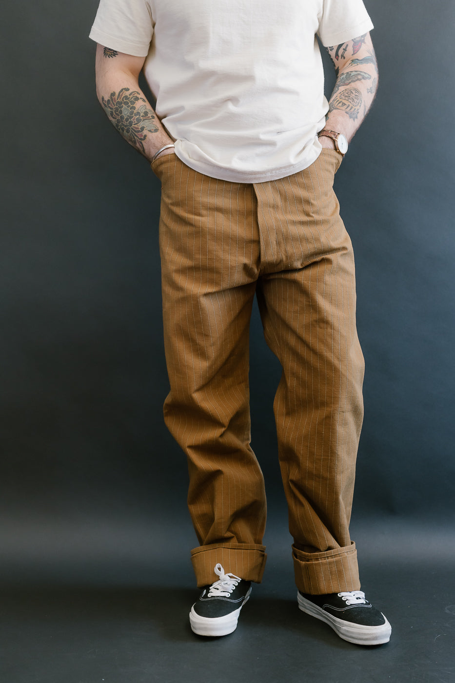 Lot 1228 - 1874 Greenebaum Heavy Leather Bound Overall Trousers - Duck Stripe
