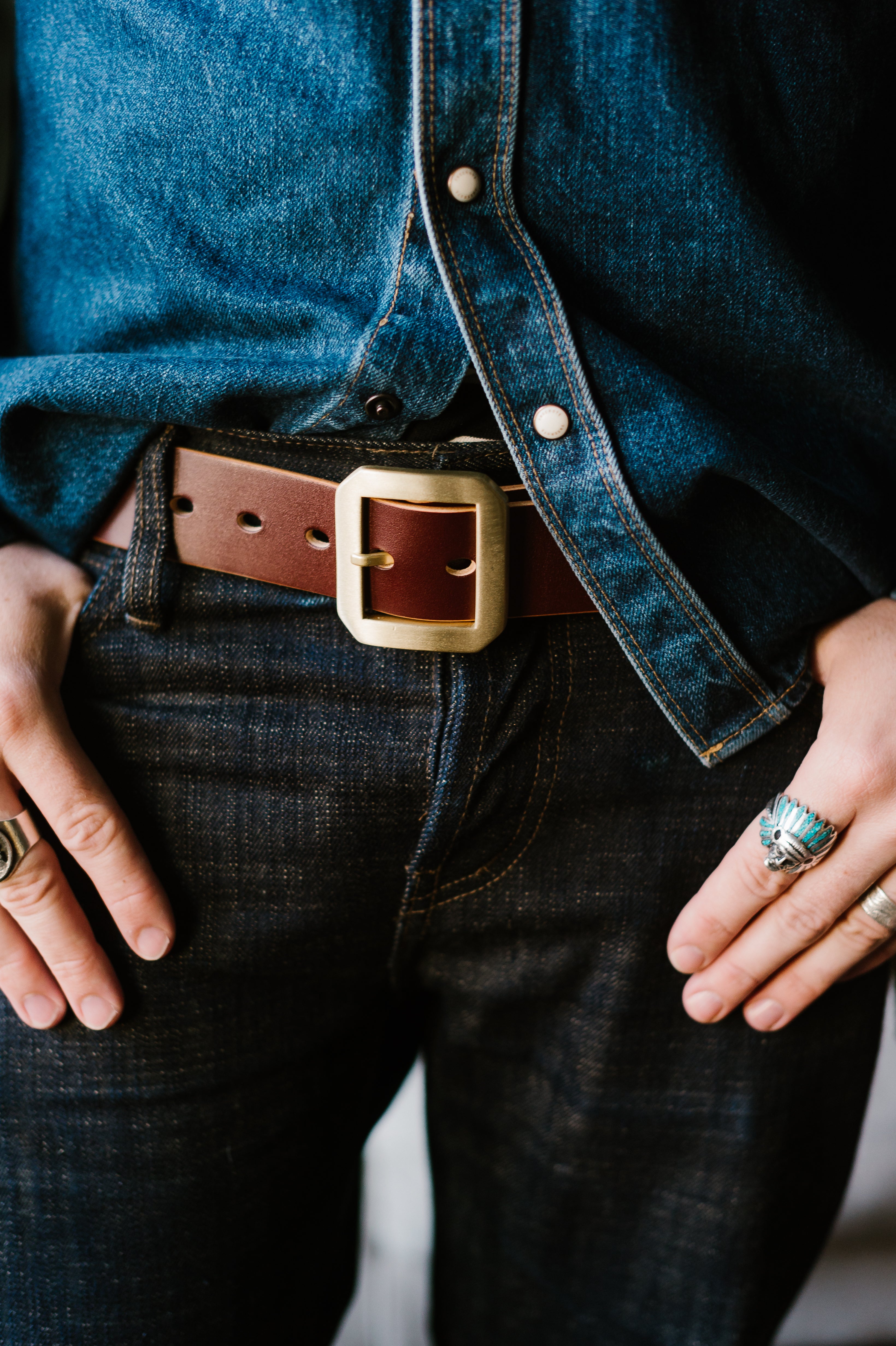 Single Prong Brass Garrison Leather Belt - Hand-Dyed Brown