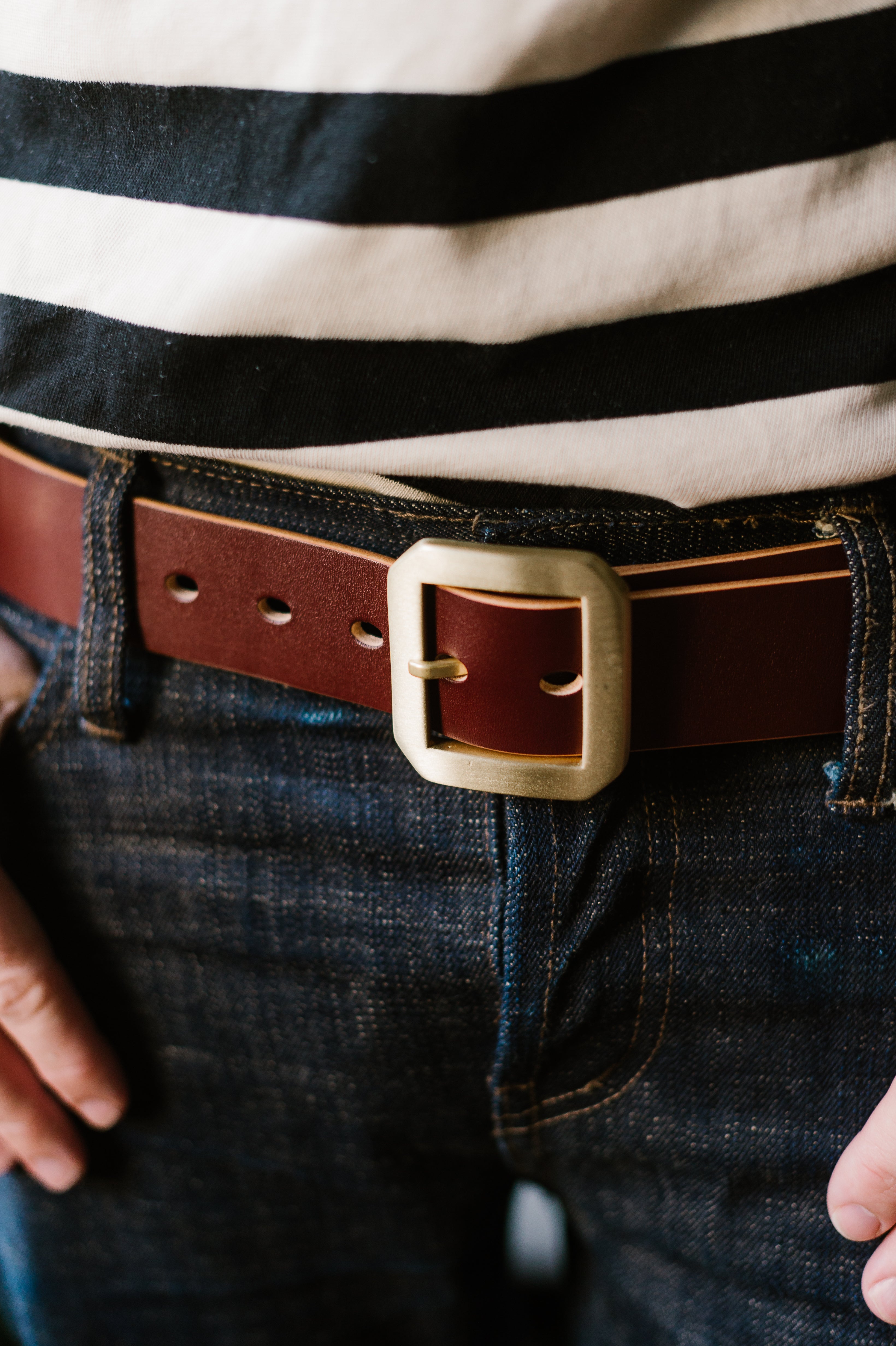 Single Prong Brass Garrison Leather Belt - Hand-Dyed Brown