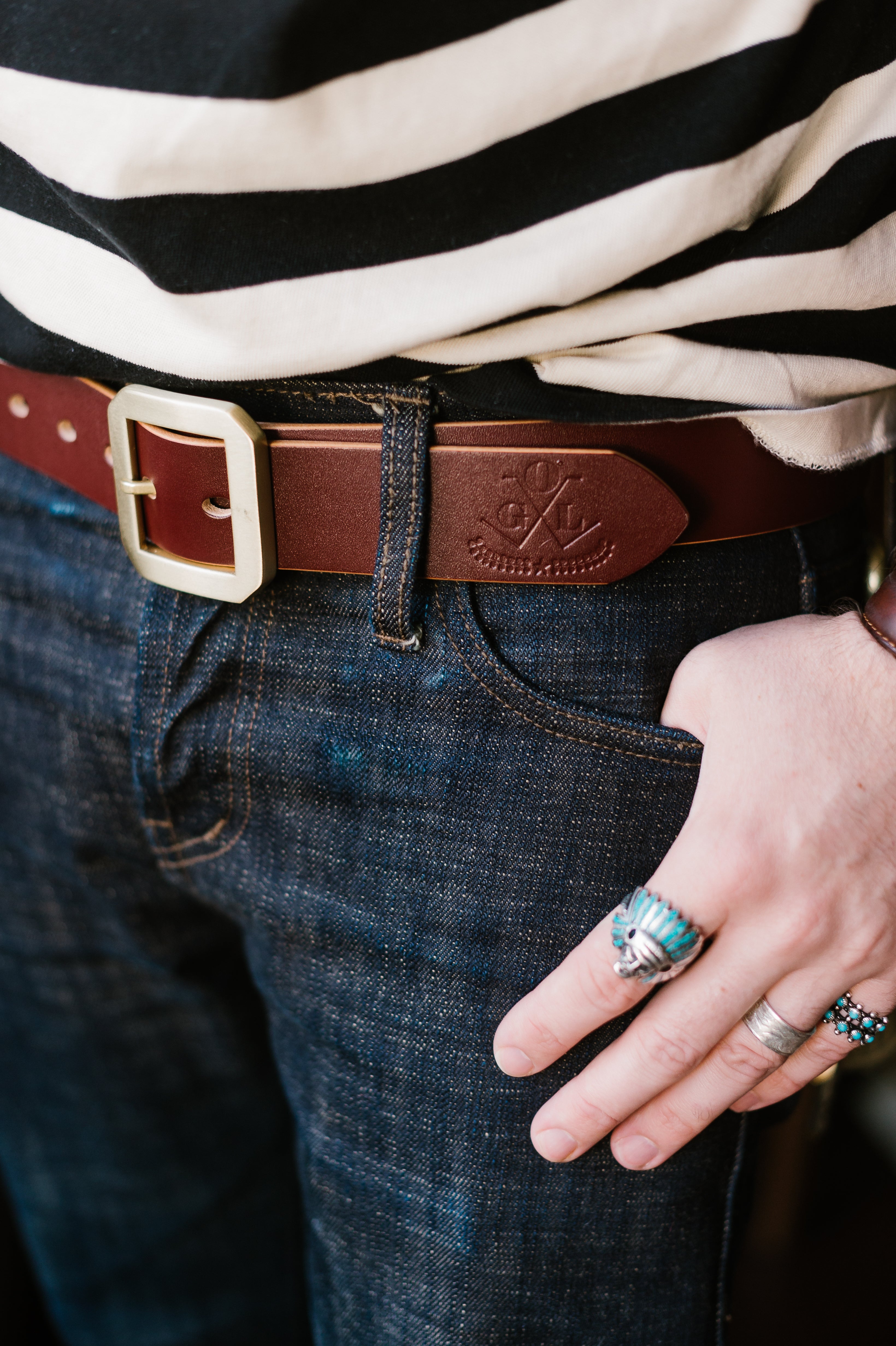 Single Prong Brass Garrison Leather Belt - Hand-Dyed Brown