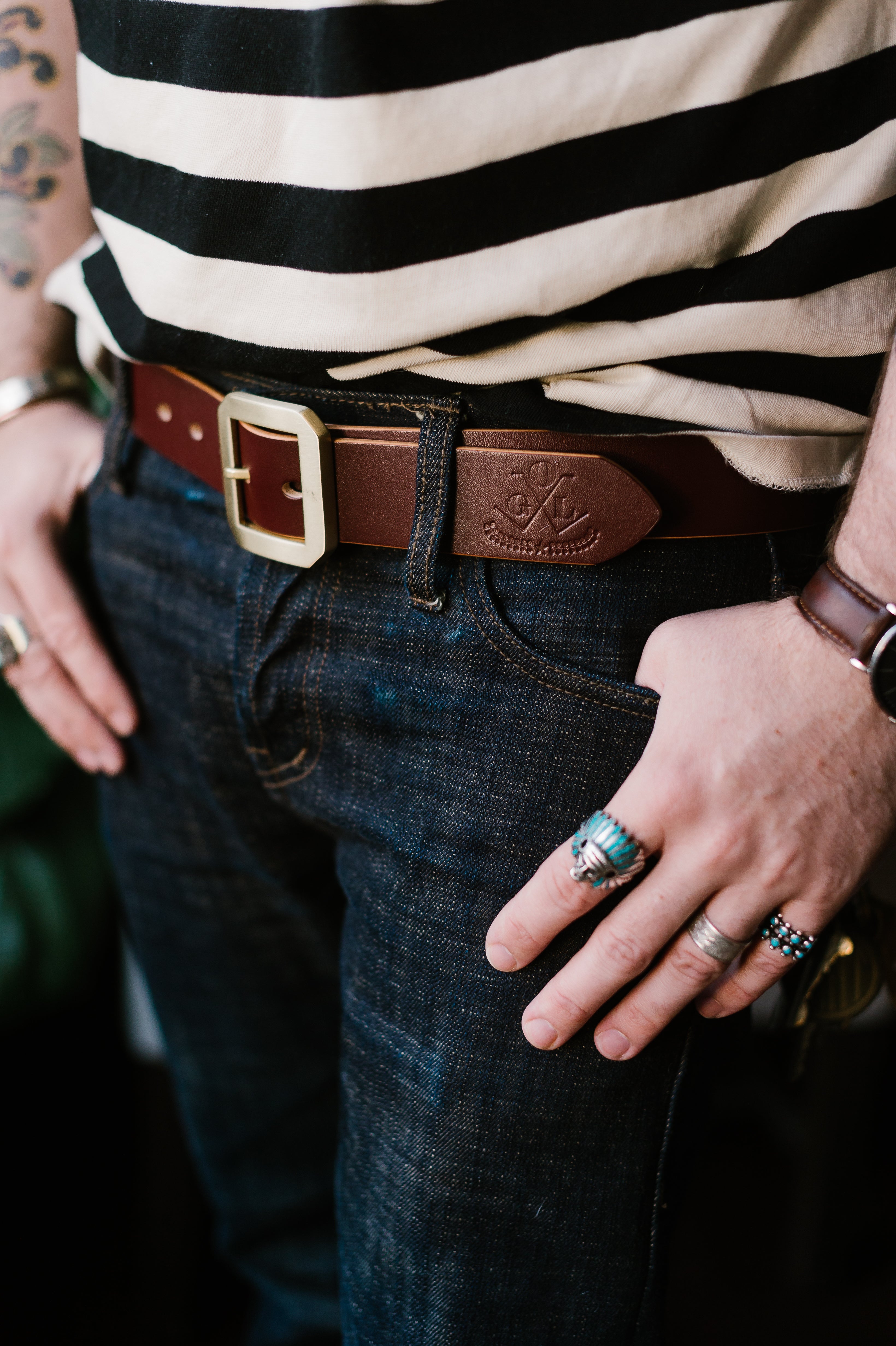 Single Prong Brass Garrison Leather Belt - Hand-Dyed Brown