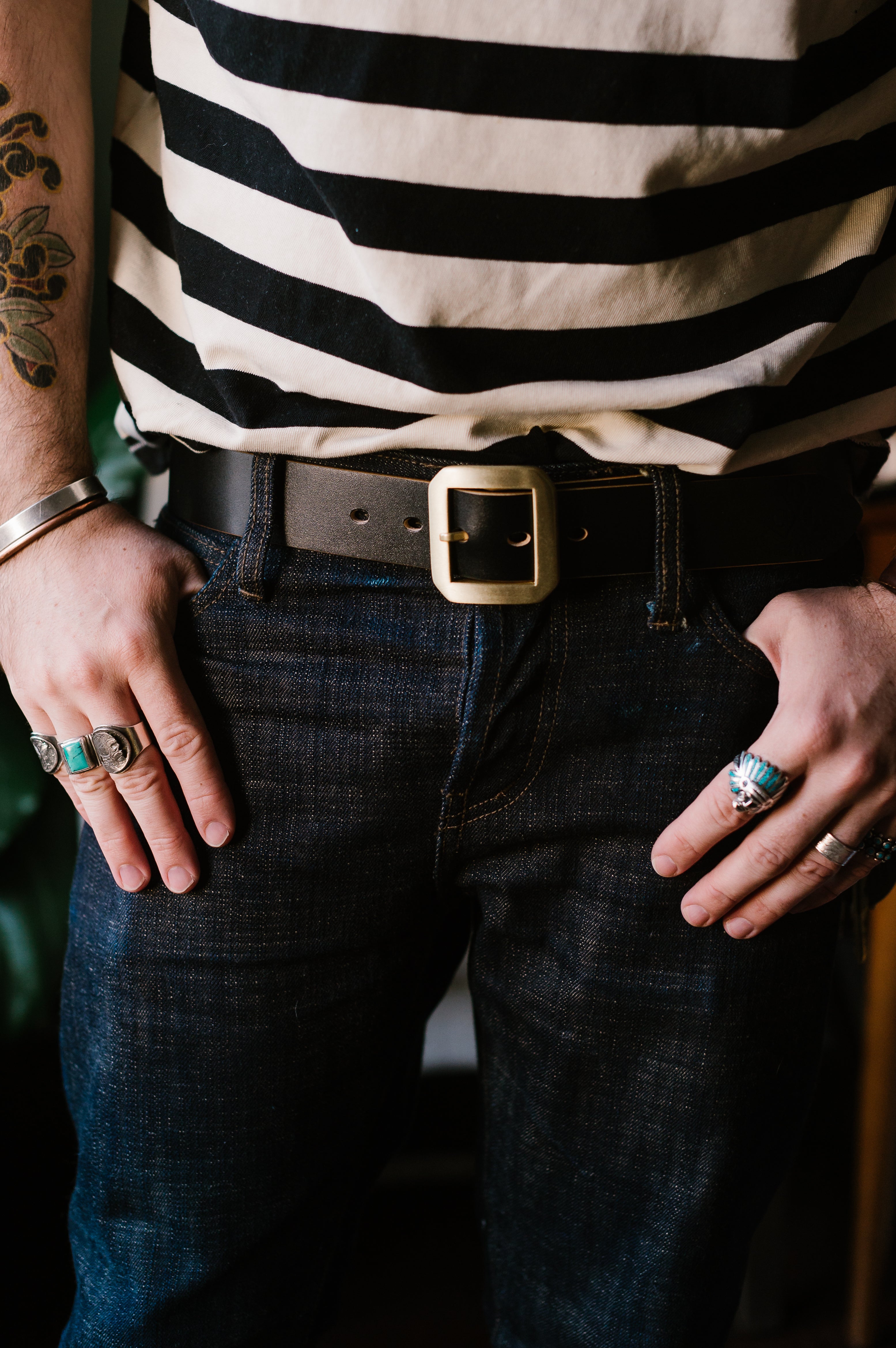 Single Prong Brass Garrison Leather Belt - Hand-Dyed Black